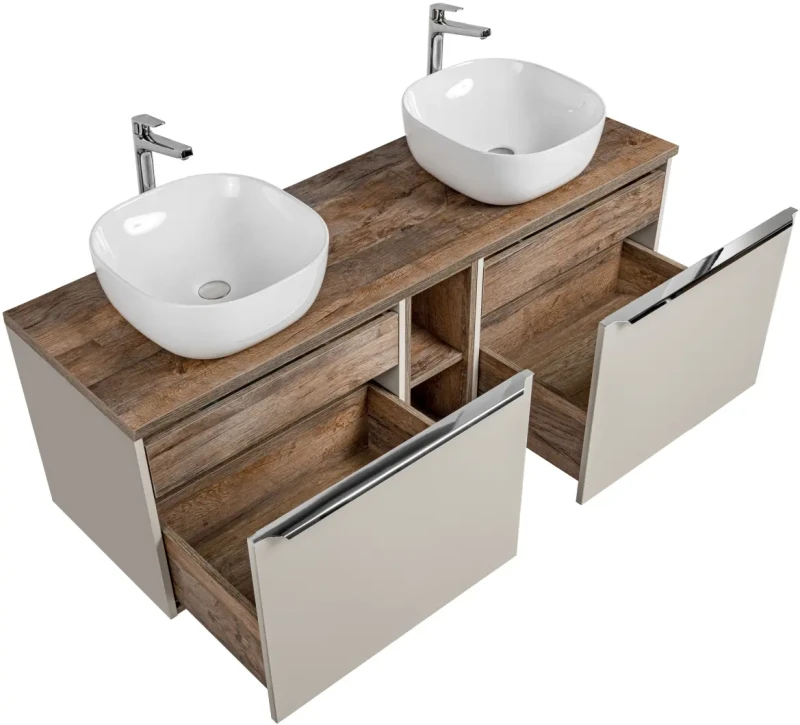 Szafka podwójna łazienkowa 60 cm SANTA FE taupe/dąb vintage z dwoma umywalkami SMILE i blatem 140 cm