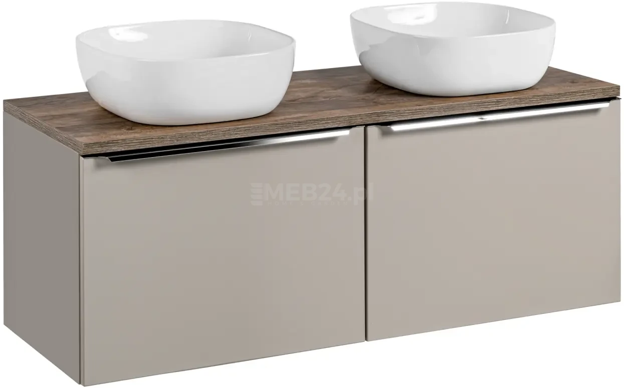 Szafka podwójna łazienkowa 60 cm SANTA FE taupe/dąb vintage z dwoma umywalkami SMILE i blatem 120 cm