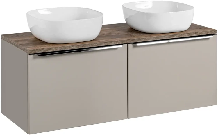 Szafka podwójna łazienkowa 60 cm SANTA FE taupe/dąb vintage z dwoma umywalkami SMILE i blatem 120 cm