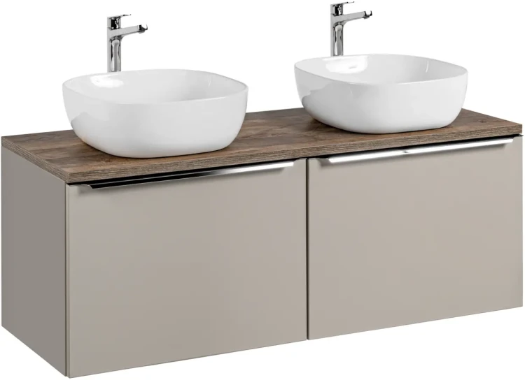 Szafka podwójna łazienkowa 60 cm SANTA FE taupe/dąb vintage z dwoma umywalkami SMILE i blatem 120 cm