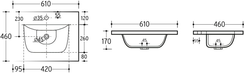 Zestaw mebli łazienkowych ADEL BLACK A02 (umywalka ceramiczna SKY 60-8099 - rysunek techniczny)