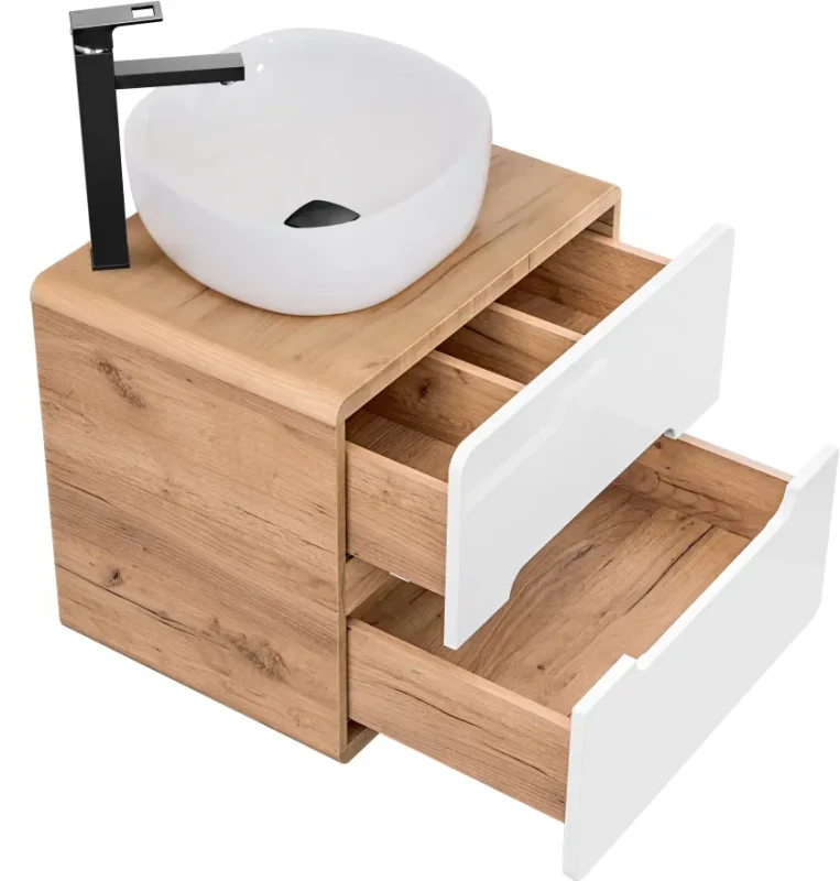 Szafka pod umywalkę 60 cm ARUBA 828 biały połysk / dąb craft złoty