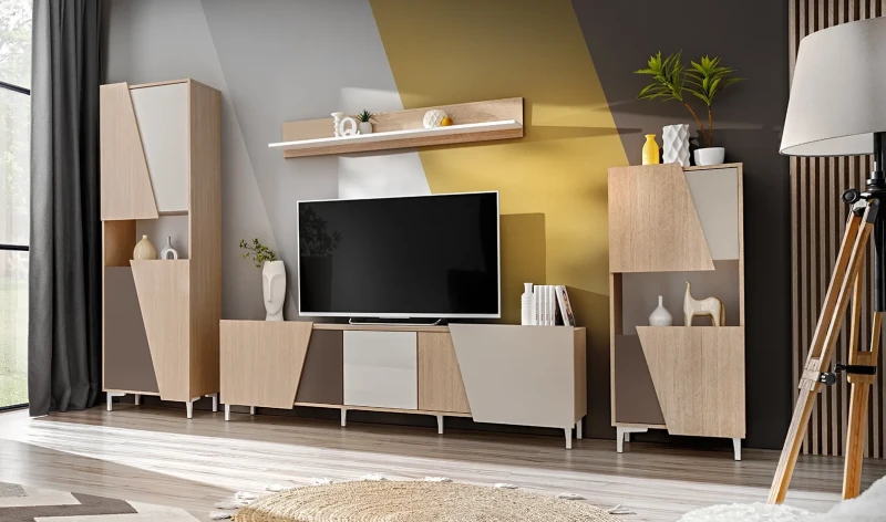 Zestaw mebli do salonu Viste 01 jodełka scandi/trufla/toupe/biały