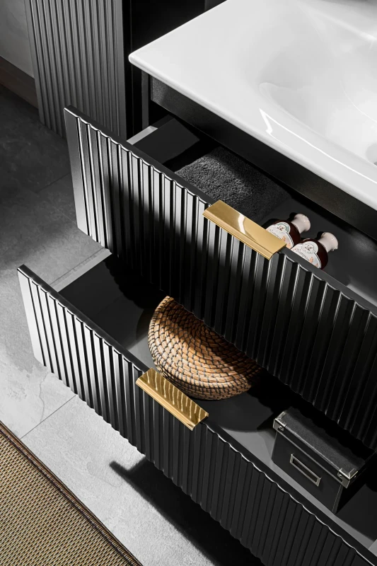 Zestaw mebli łazienkowych ADEL BLACK A05 z szafką pod umywalkę 120 cm - 7 elementów (uchwyt złoty połysk)