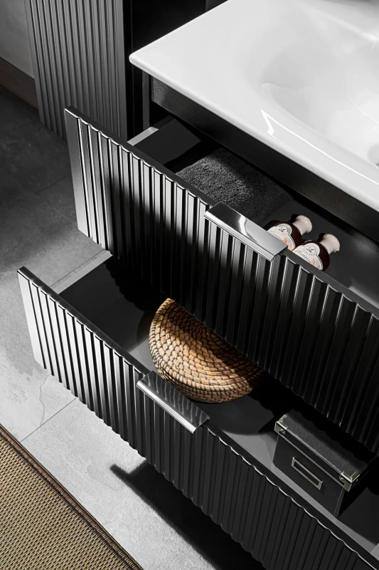 Zestaw mebli łazienkowych ADEL BLACK A05 z szafką pod umywalkę 120 cm - 7 elementów (uchwyt chrom połysk)