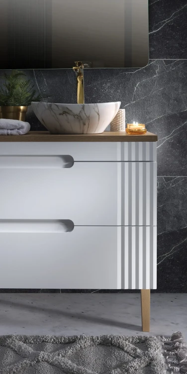 Zestaw mebli łazienkowych FIJI WHITE z dwoma umywalkami PATI i blatem 120 cm - 6 elementów (detale)