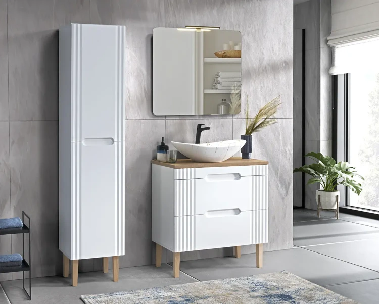 Zestaw mebli łazienkowych FIJI WHITE z umywalką LENA i blatem 80 cm - 5 elementów (aranżacja)