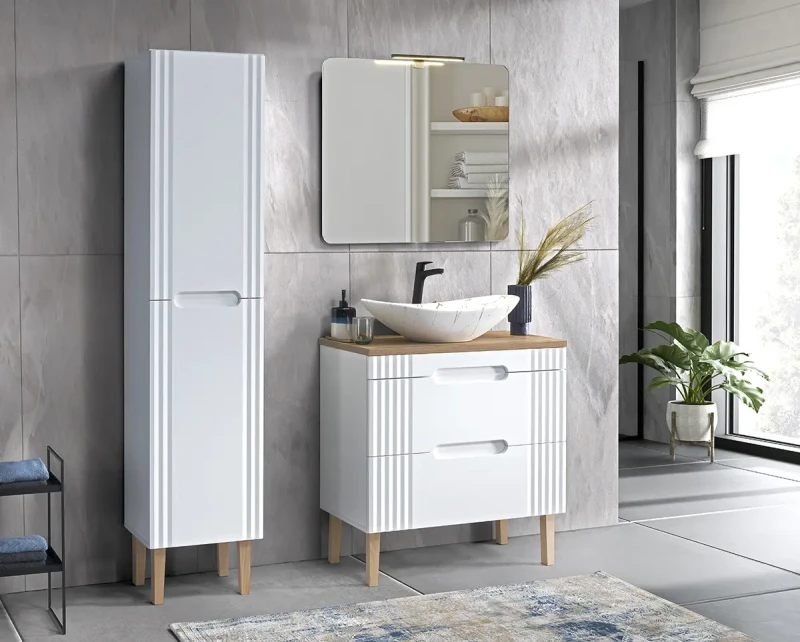 Zestaw mebli łazienkowych FIJI WHITE z umywalką LENA i blatem 80 cm - 5 elementów (aranżacja)