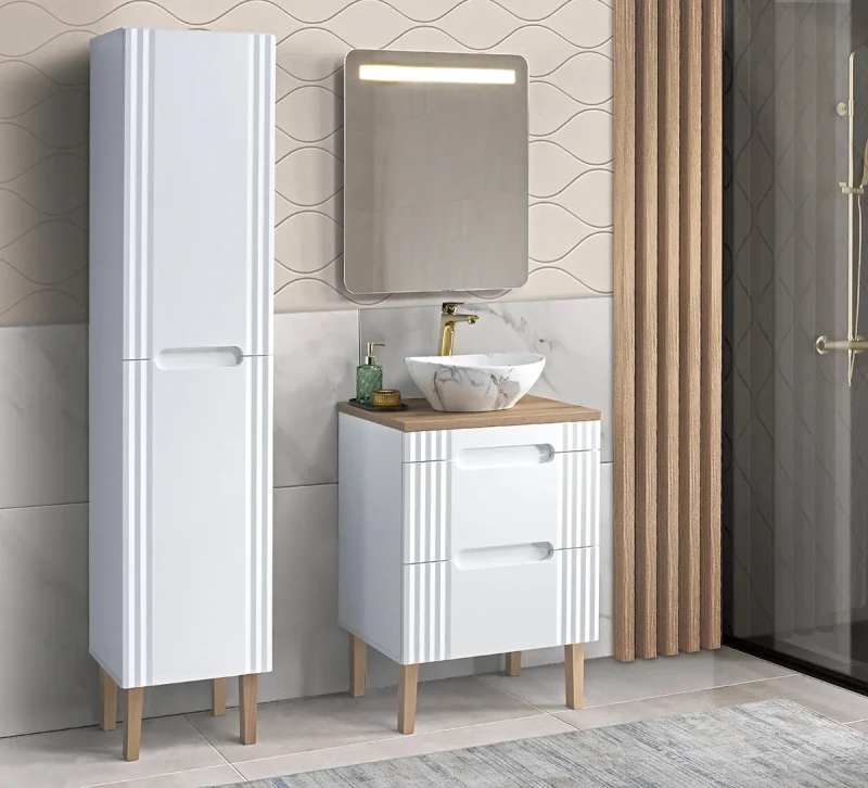 Zestaw mebli łazienkowych FIJI WHITE z umywalką PATI i blatem 60 cm - 5 elementów (aranżacja)