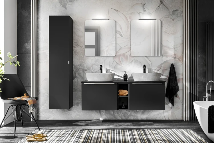 Zestaw mebli łazienkowych SANTA FE BLACK z blatem 140 cm - aranżacja z umywalkami ceramicznymi