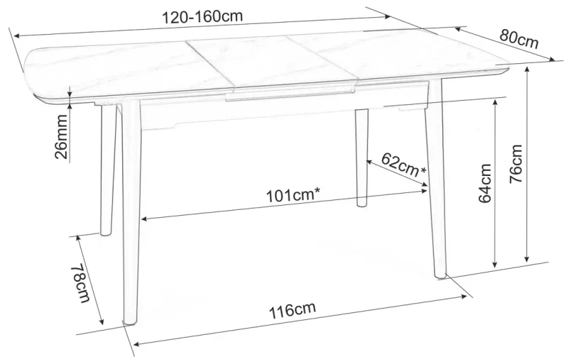 Stół rozkładany Apollo 120-160 cm biały efekt marmuru/czarny mat