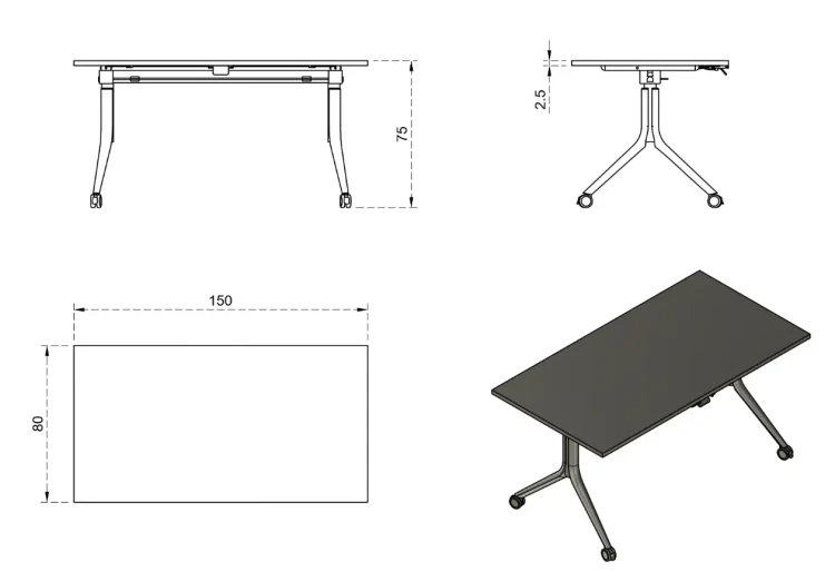 Biurko Carl 150x80 cm z funkcją składania na kółkach Biały
