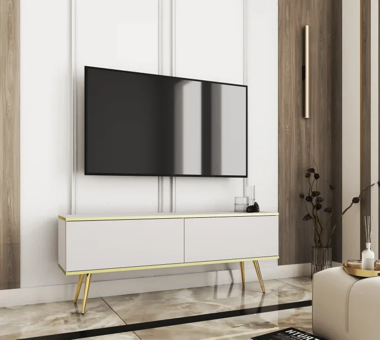 Szafka RTV Oro wisząca 135 cm biały ze złotymi wstawkami - stojąca na nóżkach złotych