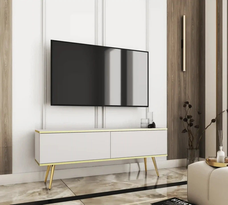 Szafka RTV Oro wisząca 135 cm biały ze złotymi wstawkami - stojąca na nóżkach złotych