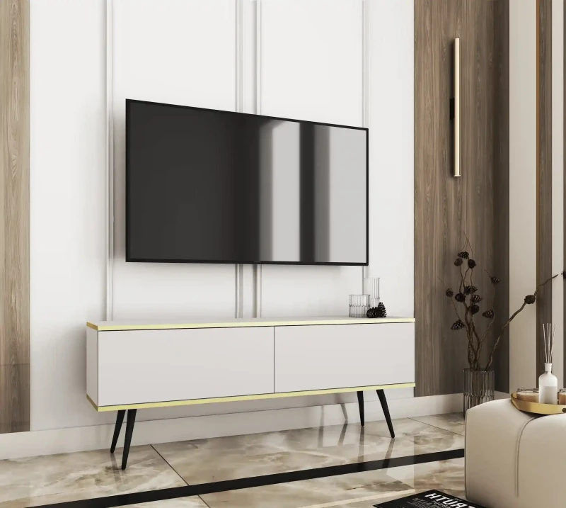 Szafka RTV Oro wisząca 135 cm biały ze złotymi wstawkami - stojąca na nóżkach czarnych