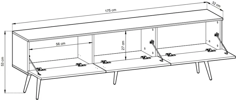 Szafka RTV Oro wisząca 175 cm beż piaskowy ze złotymi wstawkami - stojąca na nóżkach (wymiary)