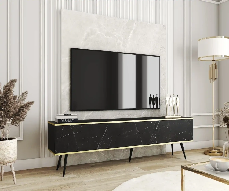 Szafka RTV Oro wisząca 175 cm marmur Royal Black ze złotymi wstawkami - stojąca na nóżkach czarnych
