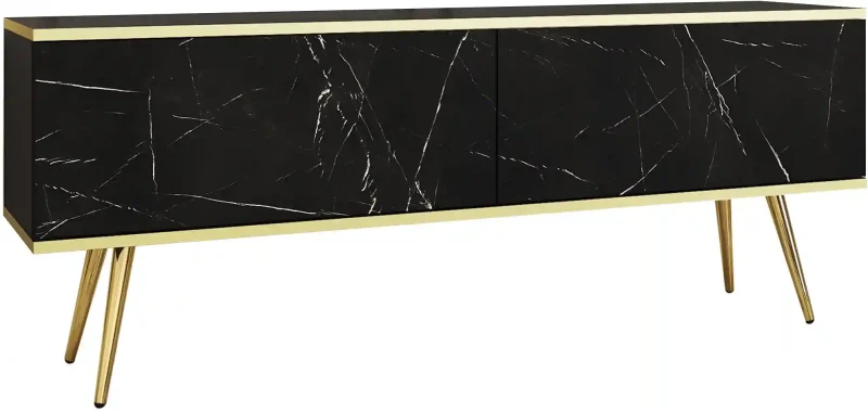 Szafka RTV Oro wisząca 135 cm marmur Royal Black ze złotymi wstawkami - stojąca na nóżkach