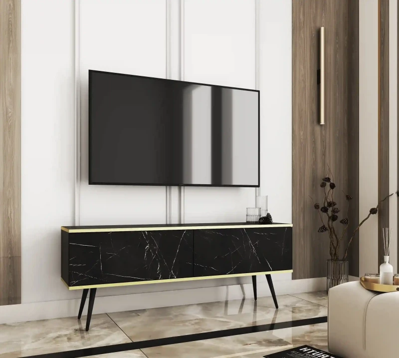 Szafka RTV Oro wisząca 135 cm marmur Royal Black ze złotymi wstawkami - stojąca na nóżkach czarnych