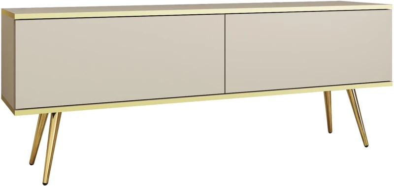 Szafka RTV Oro wisząca 135 cm beż piaskowy ze złotymi wstawkami - stojąca na nóżkach