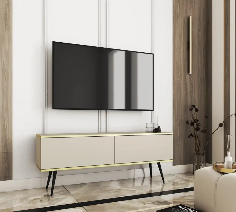 Szafka RTV Oro wisząca 135 cm beż piaskowy ze złotymi wstawkami - stojąca na nóżkach czarnych