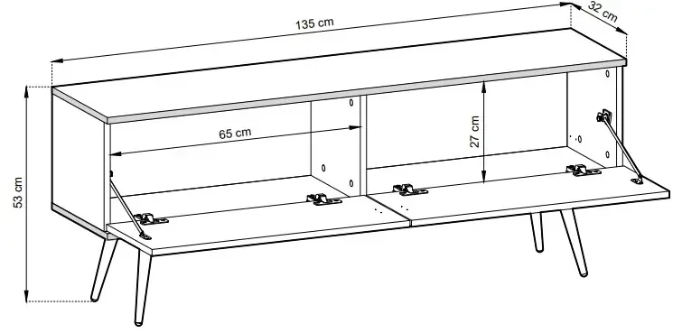 Szafka RTV Oro wisząca 135 cm beż piaskowy ze złotymi wstawkami - stojąca na nóżkach (wymiary)