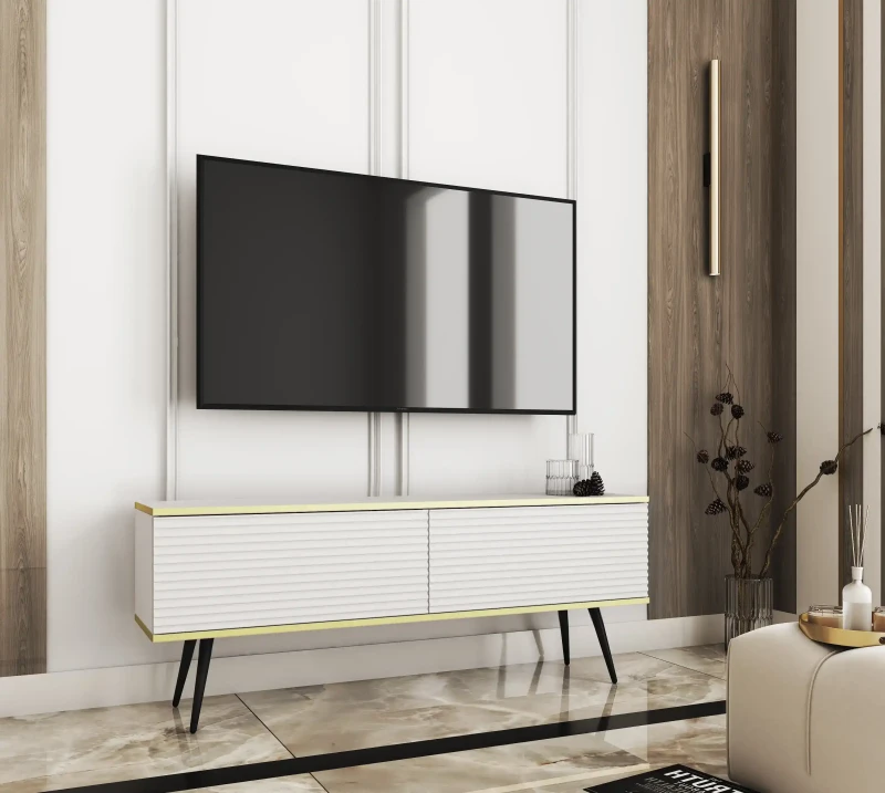 Szafka RTV Oro wisząca 135 cm lamele, biała ze złotymi wstawkami - stojąca na nóżkach czarnych