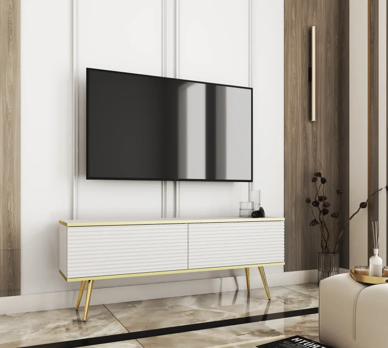 Szafka RTV Oro wisząca 135 cm lamele, biała ze złotymi wstawkami - stojąca na nóżkach złotych