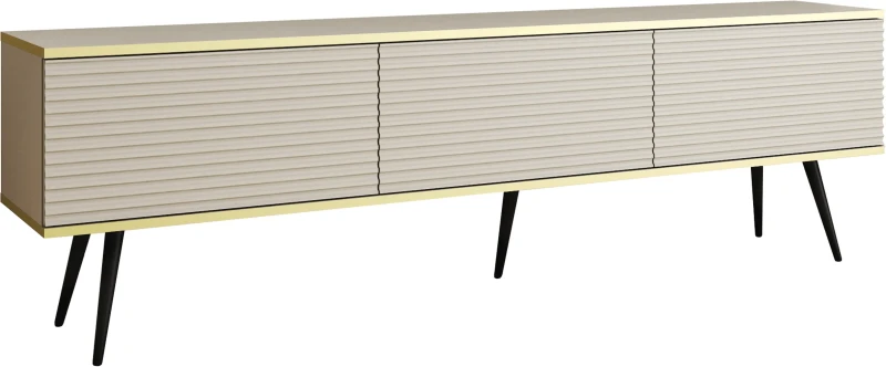 Szafka RTV Oro wisząca 175 cm lamele, beż piaskowy ze złotymi wstawkami - stojąca na nóżkach