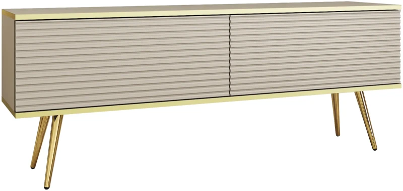 Szafka RTV Oro wisząca 135 cm lamele beż piaskowy ze złotymi wstawkami - stojąca na nóżkach