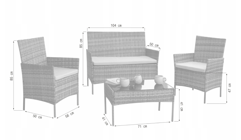 Zestaw mebli ogrodowych z technorattanu Hawana Szary - wymiary