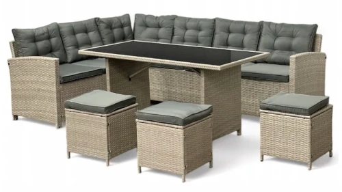 Narożnik ogrodowy technorattan + pufy i stolik Merida Jasny Beż