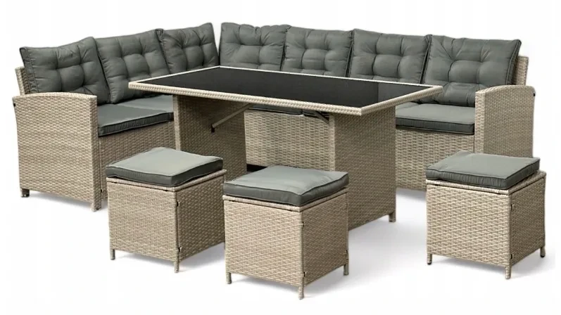 Narożnik ogrodowy technorattan + pufy i stolik Merida Jasny Beż