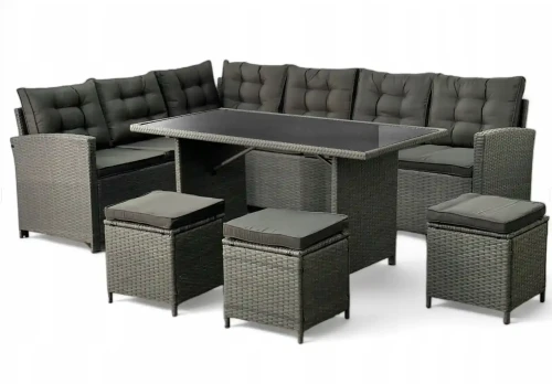 Narożnik ogrodowy technorattan + pufy i stolik Merida Szary