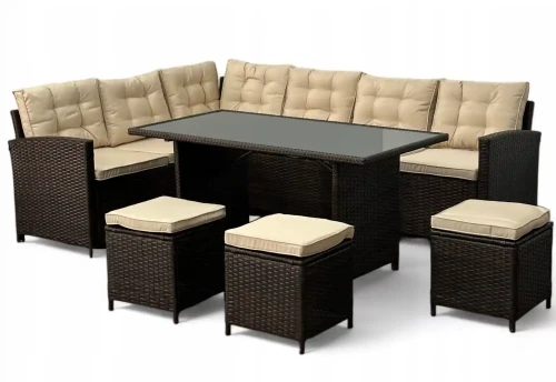 Narożnik ogrodowy technorattan + pufy i stolik Merida Brązowy