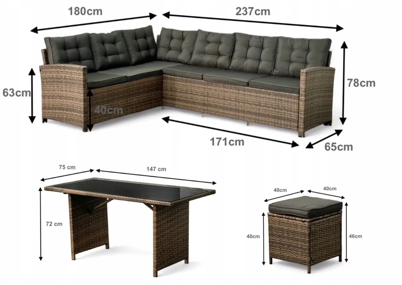 Narożnik ogrodowy technorattan + pufy i stolik Merida Szary - wymiary