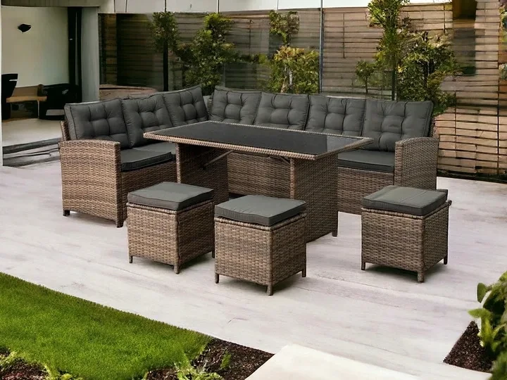 Narożnik ogrodowy technorattan + pufy i stolik Merida Jasny Brąz