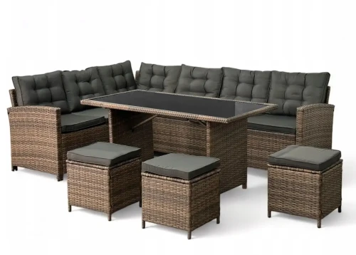 Narożnik ogrodowy technorattan + pufy i stolik Merida Jasny Brąz