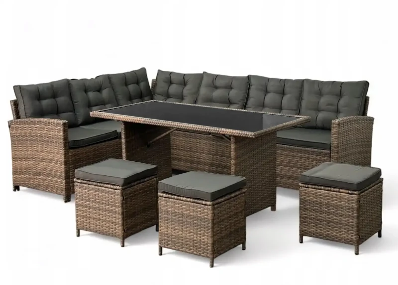 Narożnik ogrodowy technorattan + pufy i stolik Merida Jasny Brąz