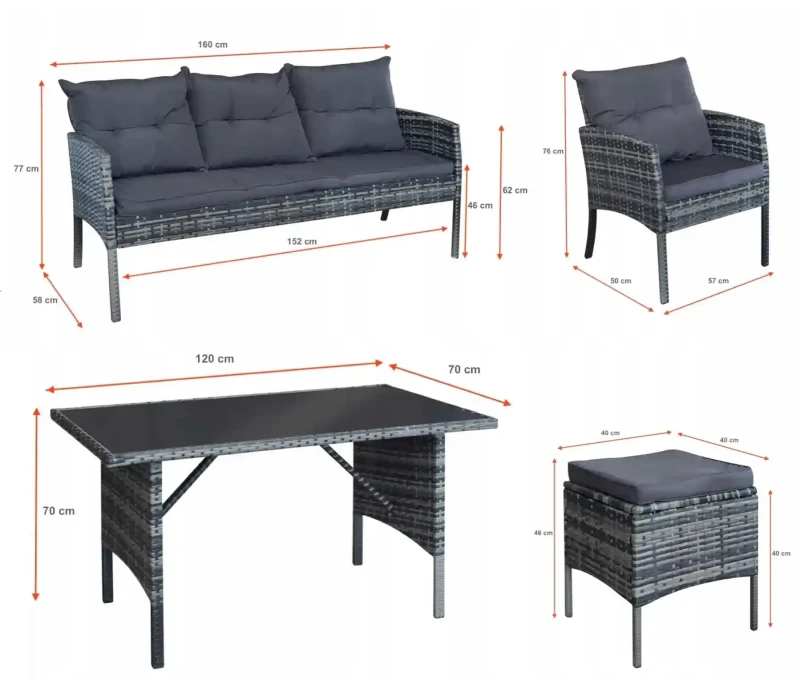 Zestaw mebli ogrodowych z technorattanu Puerto Szary - wymiary