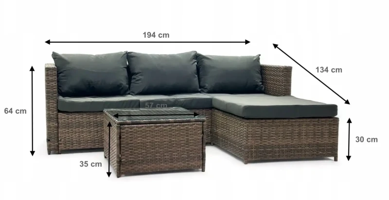 Narożnik ogrodowy z technorattanu dwustronny Ricoco Jasny Brąz - wymiary