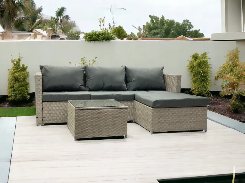 Narożnik ogrodowy z technorattanu dwustronny Ricoco + stolik Jasny Beż