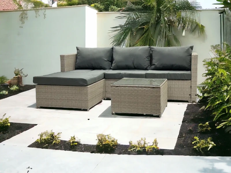 Narożnik ogrodowy z technorattanu dwustronny Ricoco + stolik Jasny Beż