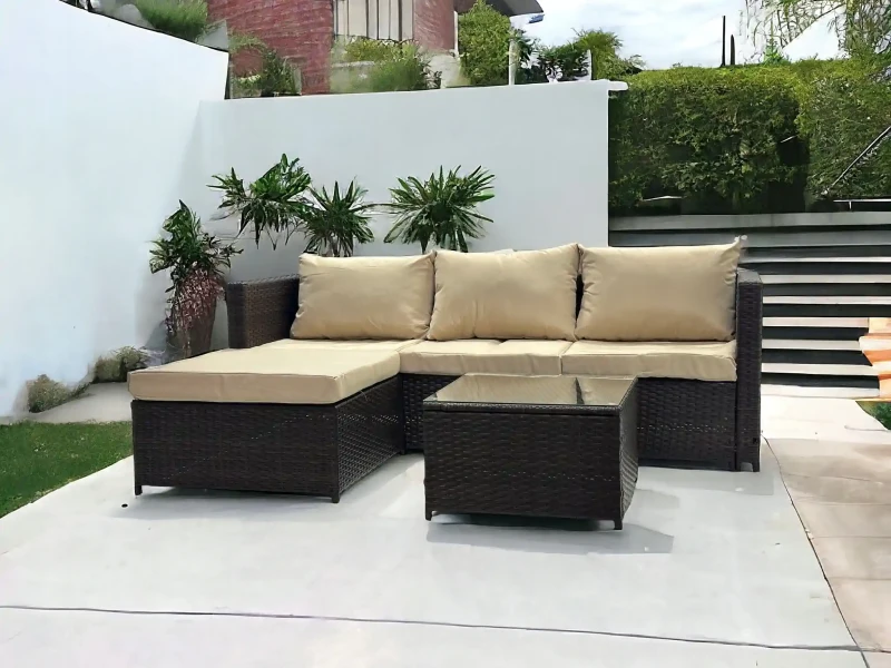 Narożnik ogrodowy z technorattanu dwustronny Ricoco + stolik Brąz