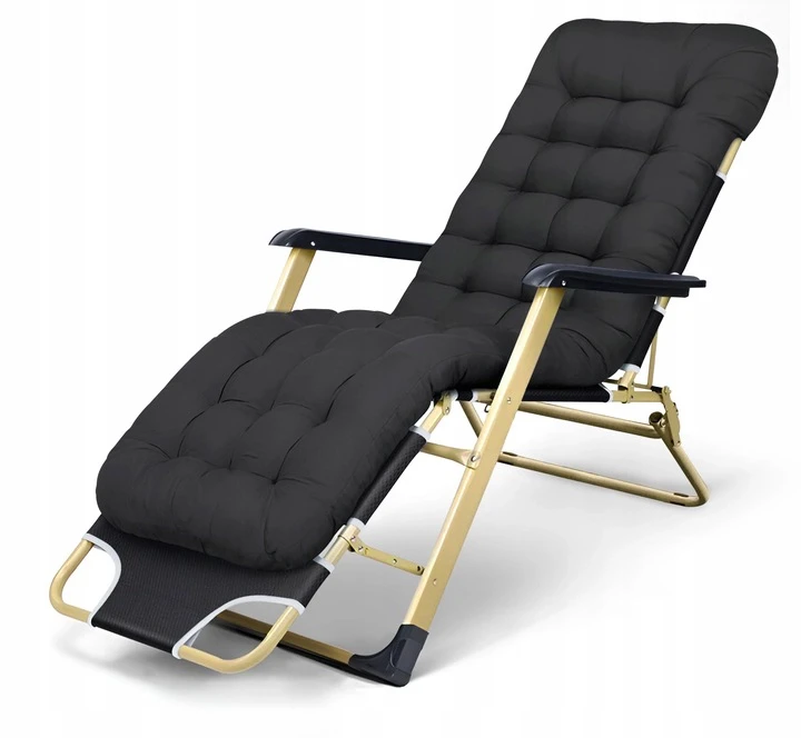 Leżak ogrodowy Libretto rozkładany plażowy z miękką poduszką czarny na  złotym stelażu