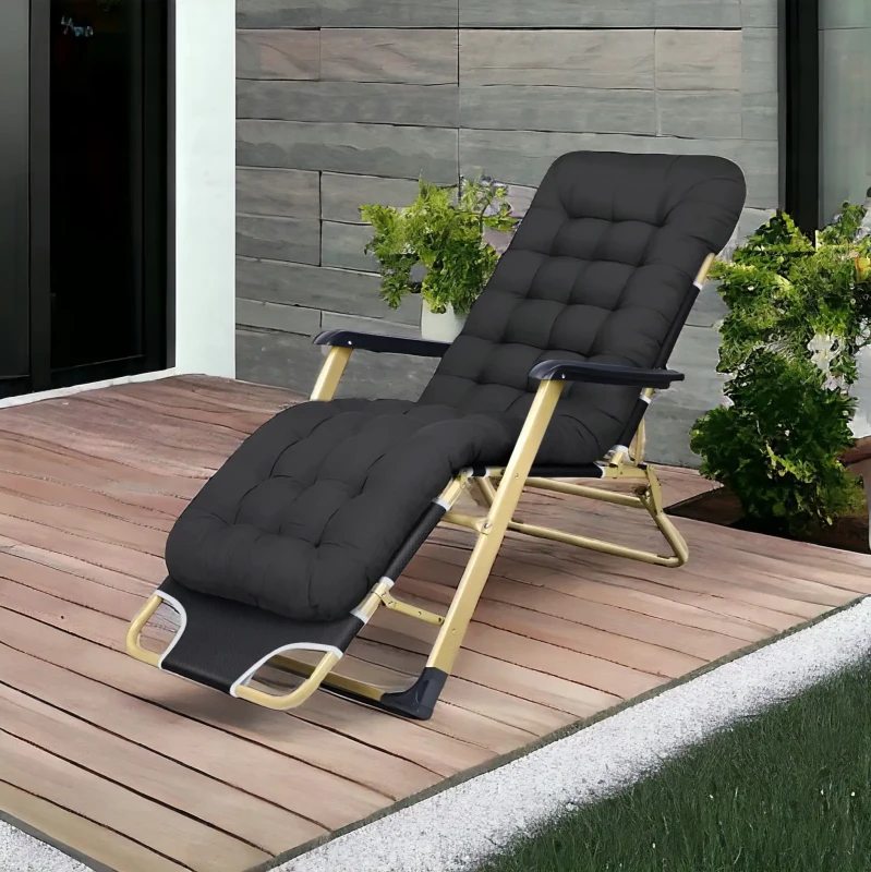Leżak ogrodowy Libretto rozkładany plażowy z miękką poduszką czarny na  złotym stelażu