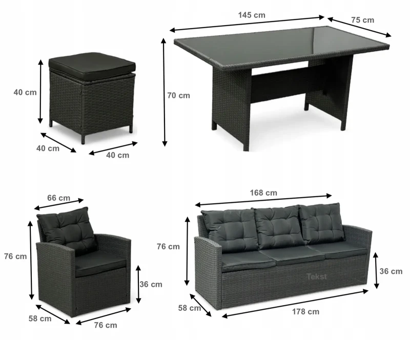 Zestaw mebli ogrodowych z technorattanu Maxipolo  - wymiary