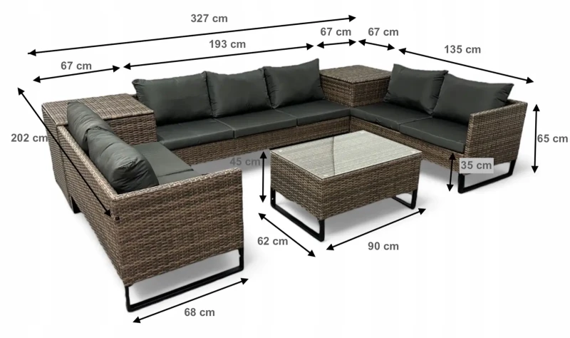 Narożnik ogrodowy Big w kształcie U z technorattanu zestaw - wymiary