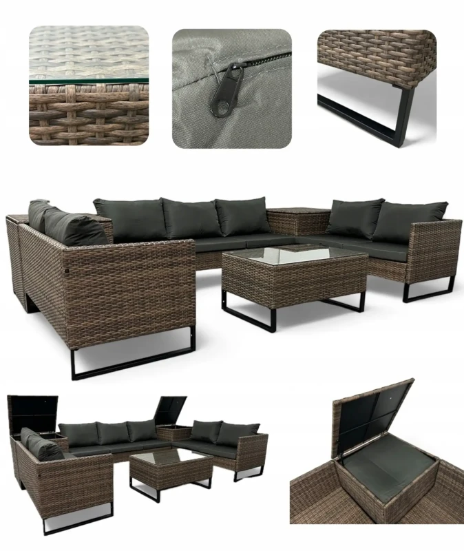 Narożnik ogrodowy Big w kształcie U z technorattanu zestaw Jasny brąz