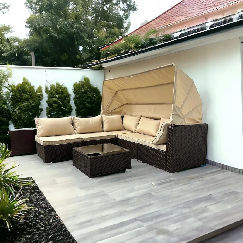 Zestaw ogrodowy wielofunkcyjny Elitar leżanka narożnik + stolik ze schowkiem Brąz